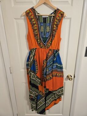 Lapogee Orange Cotton Sleeveless High-Low Dress African Tribal Print Size 2X